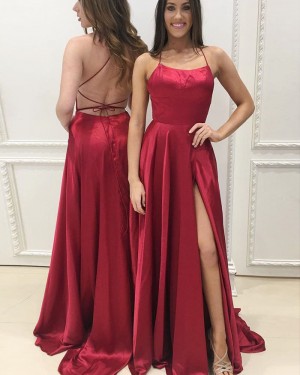 Spaghetti Straps Burgundy Satin Prom Dress with Side Slit PM1359