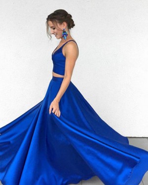 Simple Two Piece Deep V-neck Royal Blue Satin Prom Dress PM1360