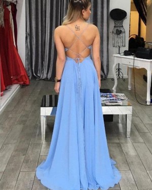 Scoop Sky Blue Cutout Chiffon Prom Dress with Side Slit PM1363