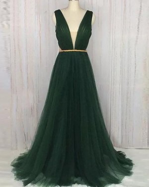 Deep V-neck Ruched Dark Green Tulle Prom Dress PM1364