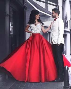 Two Piece White and Red Prom Dress with Handmade Flowers PM1366