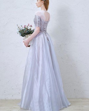 Ruched Tulle Dusty Blue Long Formal Dress with Half Length Sleeves PM1367