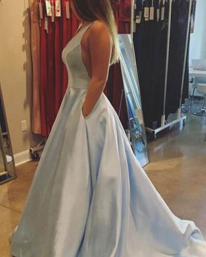 Simple Light Blue Satin Prom Dress with Pockets PM1369