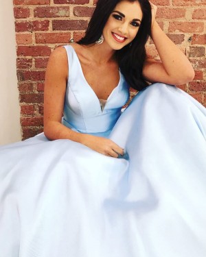 Simple Light Blue Satin Prom Dress with Pockets PM1369