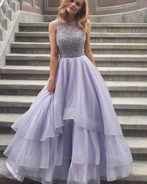 High Neck Lace Bodice Lavender Layered Long Formal Dress PM1373