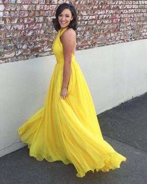 Simple Halter Pleated Yellow Chiffon Long Formal Dress PM1374