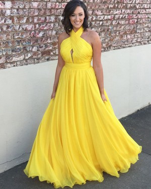 Simple Halter Pleated Yellow Chiffon Long Formal Dress PM1374