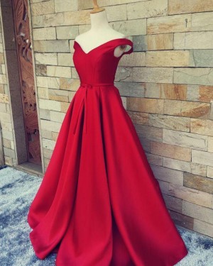 Simple Off the Shoulder Burgundy Satin Long Formal Dress PM1375