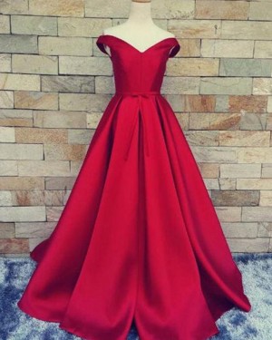 Simple Off the Shoulder Burgundy Satin Long Formal Dress PM1375