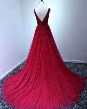 V-neck Burgundy Beading Tulle Long Formal Dress PM1378