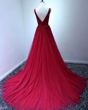 V-neck Burgundy Beading Tulle Long Formal Dress PM1378