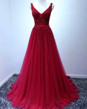 V-neck Burgundy Beading Tulle Long Formal Dress PM1378