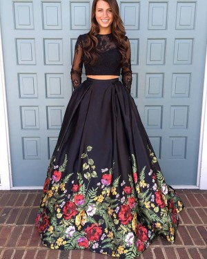 Two Piece Floral Print Prom Dress with Long Sleeve PM1380