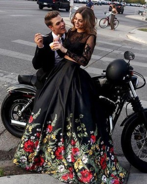 Two Piece Floral Print Prom Dress with Long Sleeve PM1380