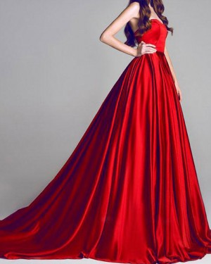 Simple Red Pleated Satin Sweetheart Long Formal Dress PM1381