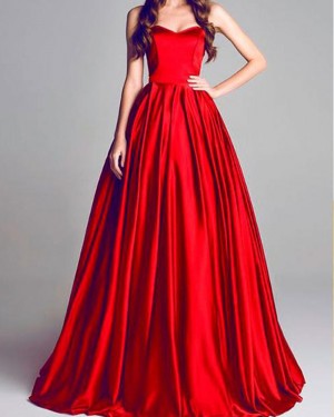 Simple Red Pleated Satin Sweetheart Long Formal Dress PM1381