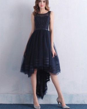 Jewel High Low Tulle Navy Blue Beading Prom Dress PM1382