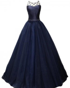 High Neck Navy Blue Beading Pleated Ball Gown Prom Dress PM1384