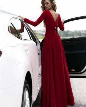 Burgundy Deep V-neck Satin Slit Prom Dress with Long Sleeves PM1385