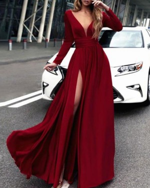 Burgundy Deep V-neck Satin Slit Prom Dress with Long Sleeves PM1385