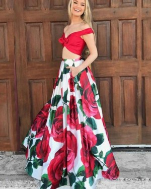 Off the Shoulder Two Piece Floral Print Prom Dress PM1386