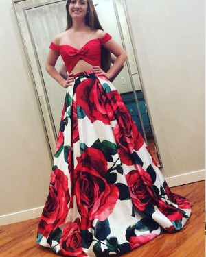 Off the Shoulder Two Piece Floral Print Prom Dress PM1386