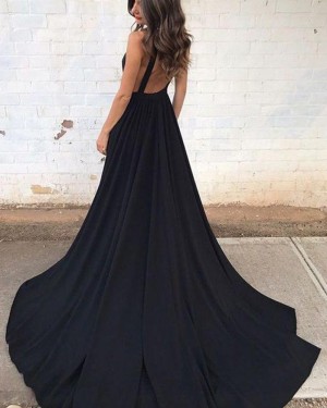 Black Pleated Deep V-neck Satin Prom Dress with Pockets PM1388