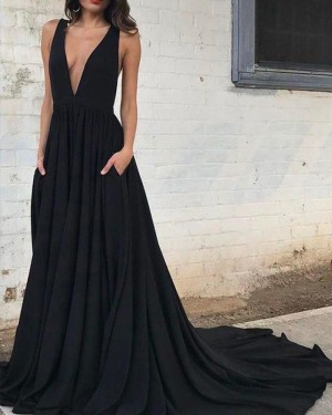 Black Pleated Deep V-neck Satin Prom Dress with Pockets PM1388