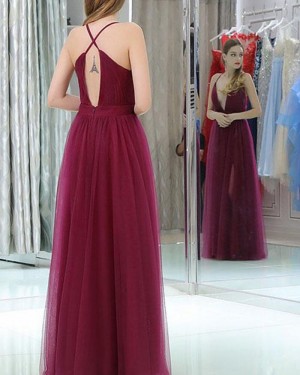 Pleated Tulle Halter Burgundy Prom Dress with Side Slit PM1389