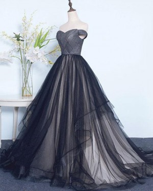 Off the Shoulder Ruched Tulle Black Evening Gown PM1390