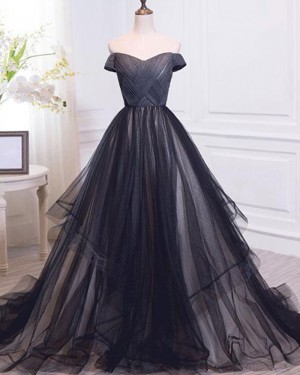 Off the Shoulder Ruched Tulle Black Evening Gown PM1390