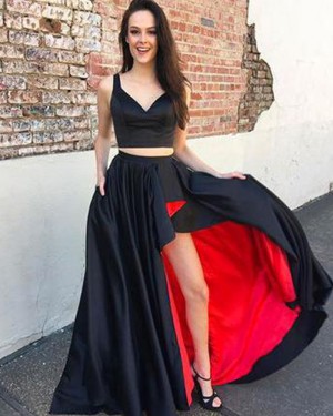 V-neck Black and Red Two Piece Satin Prom Dress with Pockets PM1391