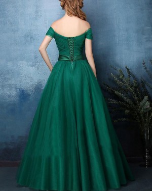 Off the Shoulder Green Ruched Tulle Long Formal Dress PM1393