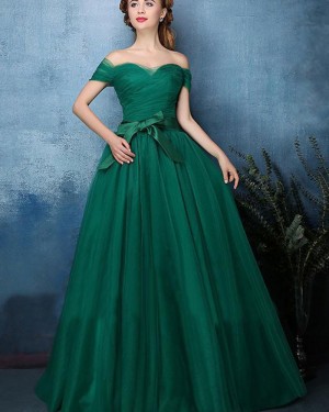 Off the Shoulder Green Ruched Tulle Long Formal Dress PM1393