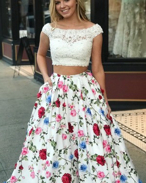 Two Piece Lace Bodice Floral Print Prom Dress with Pockets PM1395