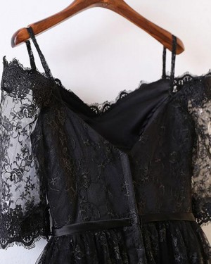 High Low Cold Shoulder Black Lace Prom Dress with Half Length Sleeves PM1400