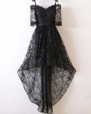 High Low Cold Shoulder Black Lace Prom Dress with Half Length Sleeves PM1400
