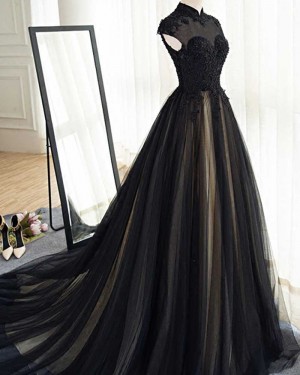 High Neck Appliqued Black Tulle Evening Dress PM1401