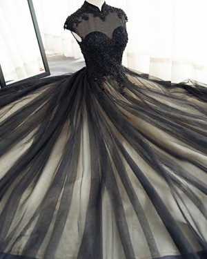 High Neck Appliqued Black Tulle Evening Dress PM1401