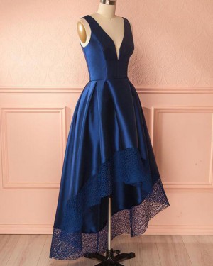 Royal Blue High Low Deep V-neck Prom Dress PM1403