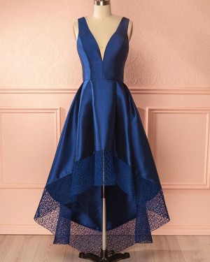 Royal Blue High Low Deep V-neck Prom Dress PM1403