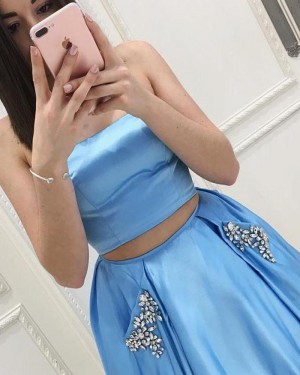 Two Piece Strapless Sky Blue Satin Prom Dress with Beading Pockets PM1405