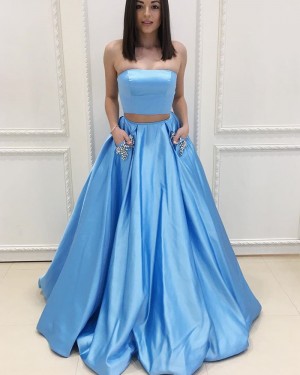 Two Piece Strapless Sky Blue Satin Prom Dress with Beading Pockets PM1405