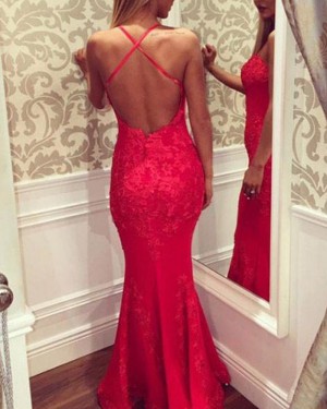 Red Appliqued Satin Spaghetti Straps Mermaid Prom Dress PM1406