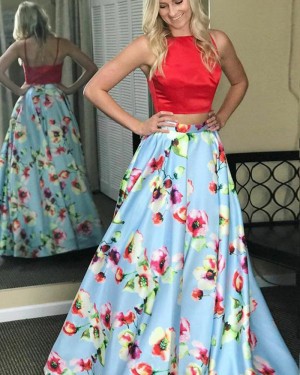 High Neck Satin Floral Print Two Piece Prom Dress PM1409