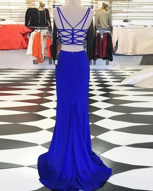 Royal Blue Two Piece Satin Prom Dress with Side Slit PM1410