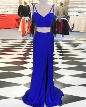 Royal Blue Two Piece Satin Prom Dress with Side Slit PM1410