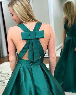 Simple Deep V-neck Long Satin Green Prom Dress with Pockets PM1411