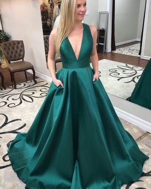 Simple Deep V-neck Long Satin Green Prom Dress with Pockets PM1411