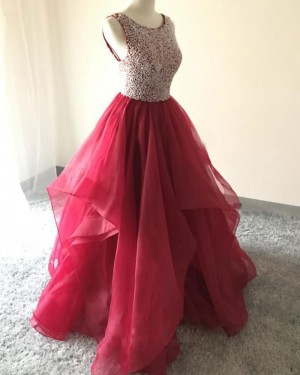 Burgundy Ruffled Beading Ball Gown Prom Dress PM1412